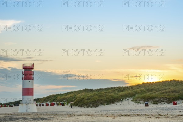 Red, white lighthouse Heligoland dune (Oberfeuer), striped, south beach, beach chairs, dunes,