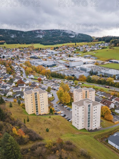 City view with skyscrapers and autumn trees under cloudy sky, Wehingen, Tuttlingen district,