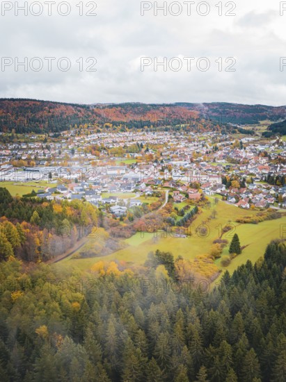 Village surrounded by autumnal landscape with foggy foothills, Wehingen, Tuttlingen district,