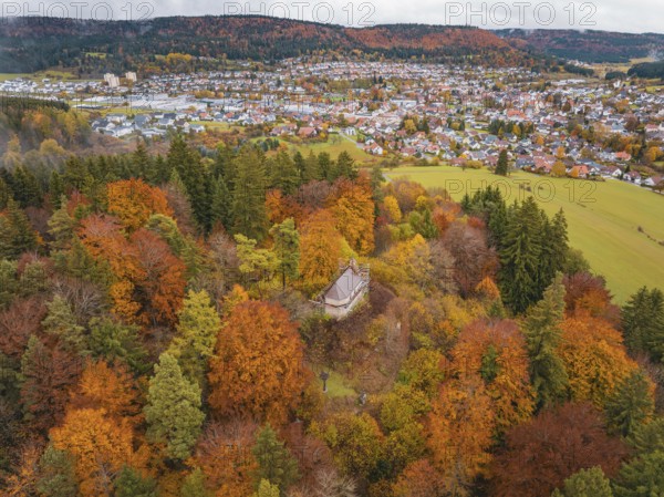 Autumn forest with observation tower above a village on hills, Wehingen, Tuttlingen district,