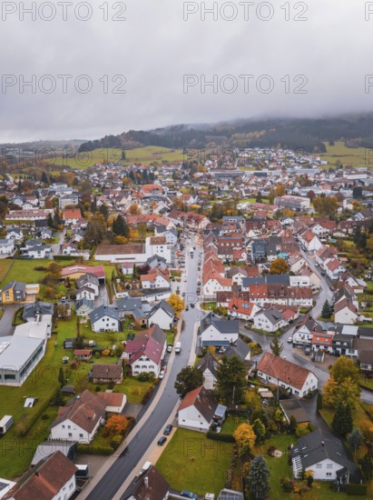 Small village, seen from above, surrounded by autumn leaves. Foggy horizon and hilly landscape,