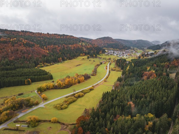 Autumn valley with colorful trees and meadows, crossed by a road and surrounded by mountains,