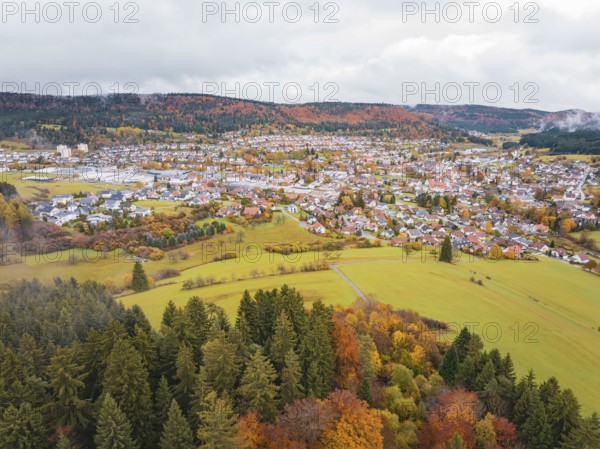 Village in autumn landscape with colorful trees and cloudy sky, Wehingen, Tuttlingen district,