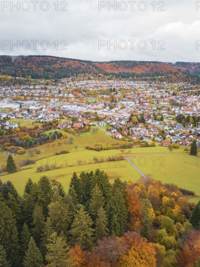 Village and surrounding landscape seen from above in vivid autumn colors, Wehingen, Tuttlingen