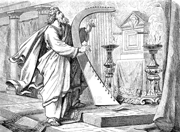 Song of thanks after King David Victory and Return, The Psalter, Psalm 21, playing the harp, altar,