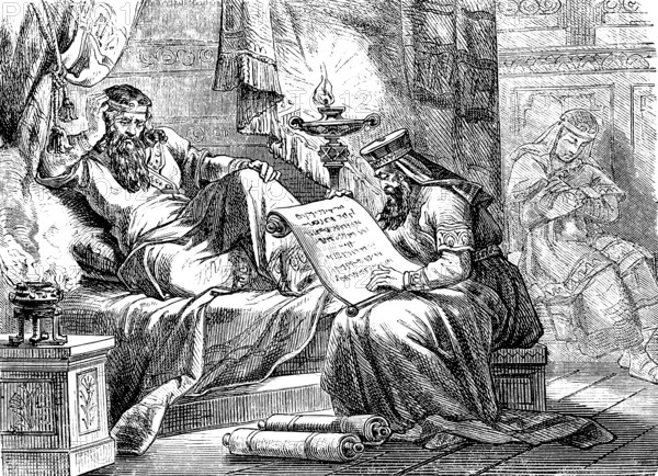 King Ahasuerus has the history books read aloud to him, The Book of Esther, chapter 6, Esther,