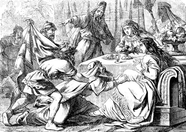 Haman stood up and asks Queen Esther for his life, King Ahasuerus wrath, The Book of Esther,