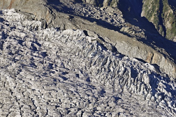 View from the Télécabine Panorama Railway of the glacial crevices of the Glacier du Géant,