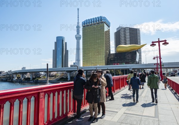 Visitors on the Azuma Bridge, Sumida City Skyline, Sumida City Office, Tokyo Skytree, Asahi Beer