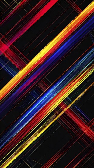 Abstract digital art featuring vibrant, intersecting neon lines creating a geometric pattern,
