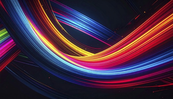 Abstract digital art featuring vibrant, intersecting neon lines creating a geometric pattern,