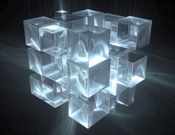 Abstract animation, glass cubes on black background, modern business wallpaper illustration, AI