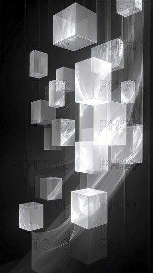 Abstract animation, glass cubes on black background, modern business wallpaper illustration, AI