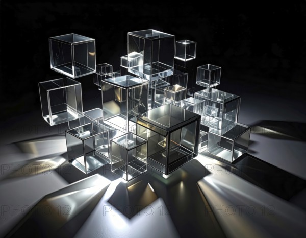 Abstract animation, glass cubes on black background, modern business wallpaper illustration, AI