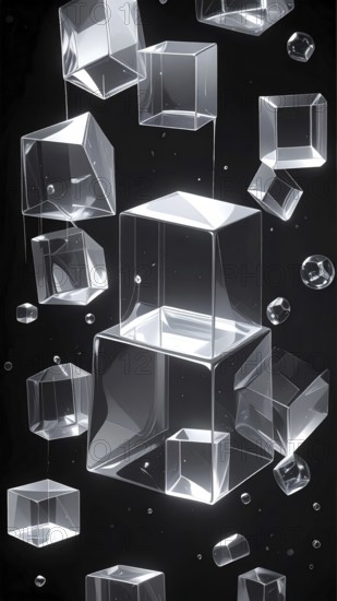 Abstract animation, glass cubes on black background, modern business wallpaper illustration, AI