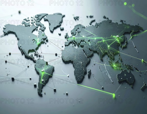 Abstract visualization of global rare earth supply network feeding EV industry, world map design,