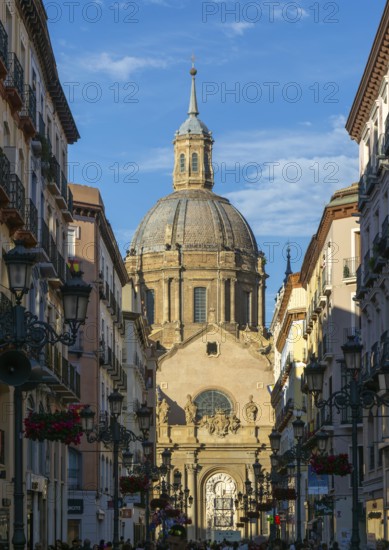 View of Basilica of Our Lady of the Pillar cathedral church from Calle de Alfonso I, Zaragoza,