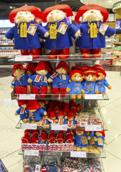 Paddington Bear toys on display, shopping area in departures lounge area, Terminal 5, London