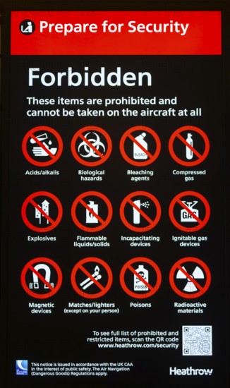 Forbidden items prepare for security electronic notice, Terminal 5 London Heathrow airport, London,