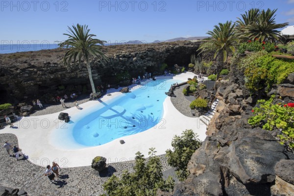 View from elevated position of pool designed by César Manrique Swimming pool in art venue cultural