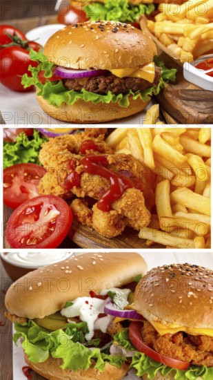Collage of various fast food meals. beagles, hamburger, cheeseburger, french fries and a view green