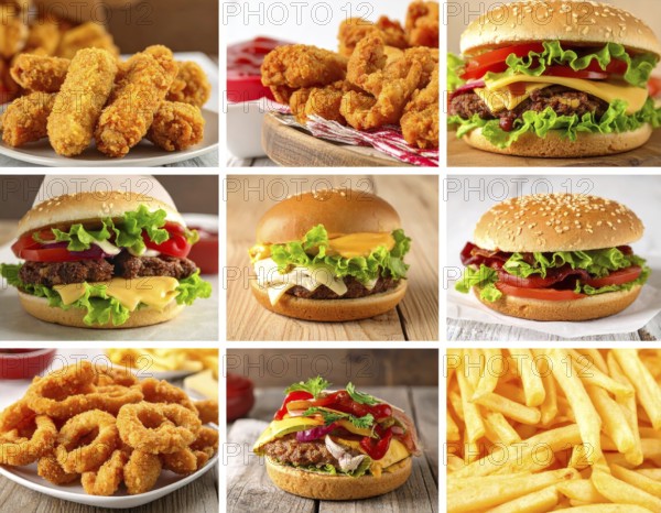 Collage of various fast food meals. beagles, hamburger, cheeseburger, french fries and a view green