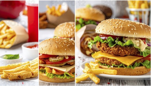 Collage of various fast food meals. beagles, hamburger, cheeseburger, french fries and a view green