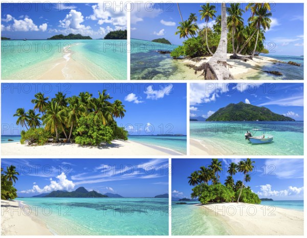 Collage of tropical islands with beach and palm trees, paradise with blue cloudy sky, turquoise