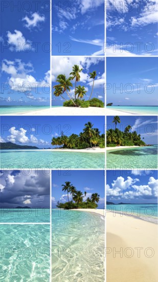 Collage of tropical islands with beach and palm trees, paradise with blue cloudy sky, turquoise