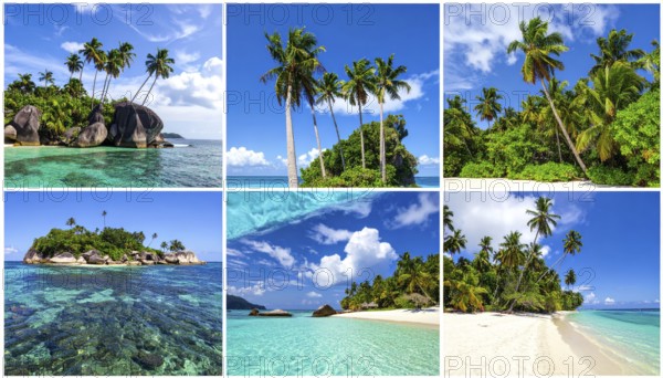 Collage of tropical islands with beach and palm trees, paradise with blue cloudy sky, turquoise
