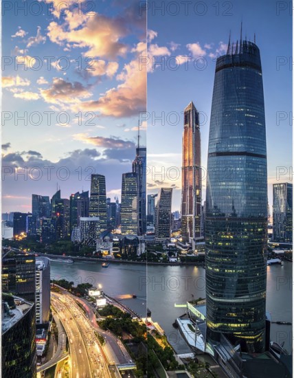 Collage of skyscrapers of a metropolitan city, various skylines with different blue sky in sunset,
