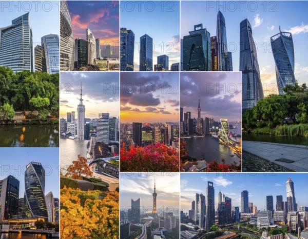 Collage of skyscrapers of a metropolitan city, various skylines with different blue sky in sunset,