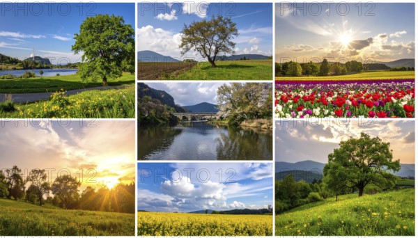 Collage of spring and summer landscapes, blooming flowers, green meadows and trees, hilly landscape