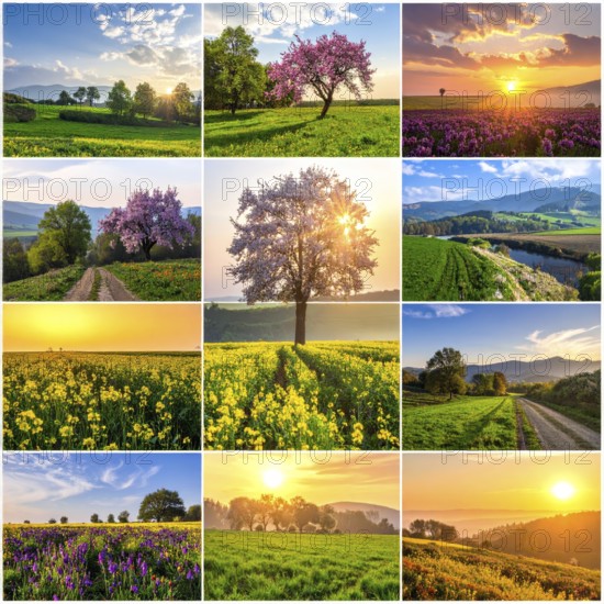Collage of spring and summer landscapes, blooming flowers, green meadows and trees, hilly landscape