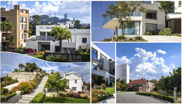 Collage of real estate residential building, modern architecture style, surrounded by green garden,