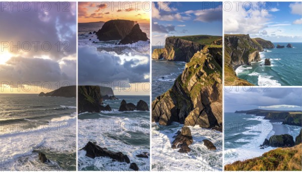 Collage of coastal landscapes with cliffs and shore break, spectacular nature, cloudy sky with