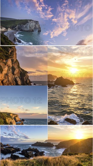 Collage of coastal landscapes with cliffs and shore break, spectacular nature, cloudy sky with