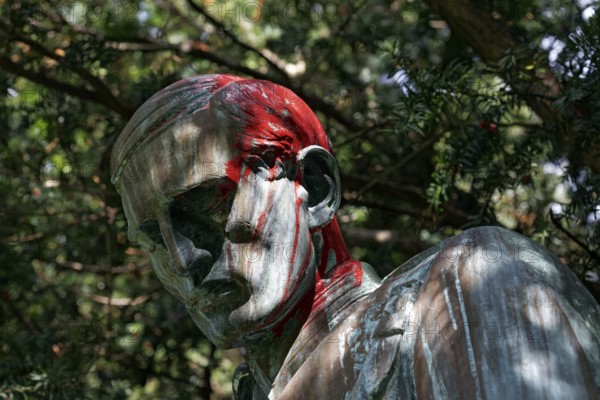Colonial War Memorial, head sprayed with red paint, in commemoration of the Herero and Nama