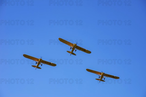 Three Piper PA-18 Super Cub aircraft from the Bravo Lima Formation flying group in formation flight