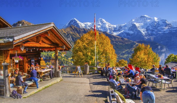Sun terrace of the mountain inn in the hamlet of Sulwald with Eiger 3967m, Mönch 4110m and Jungfrau