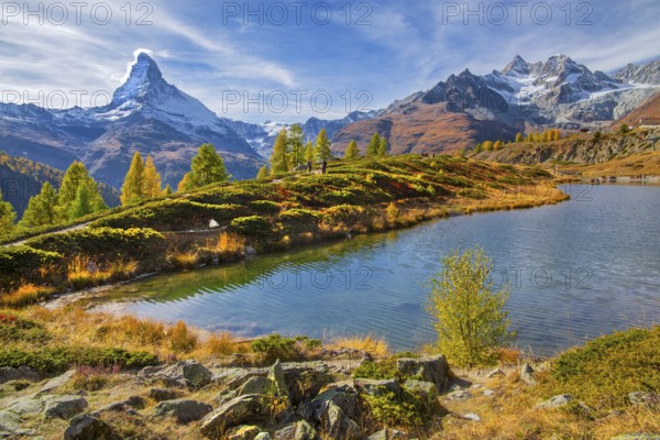 Leisee below the Sunnegga with Matterhorn 4478m and Zinalrothorn 4221m in autumn, Zermatt,
