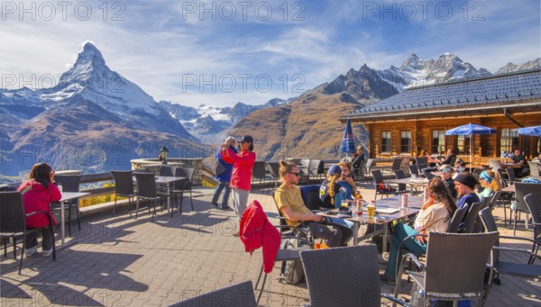 Sun terrace at mountain house on the Sunnegga with Matterhorn 4478 m, Zermatt, Mattertal, Valais,