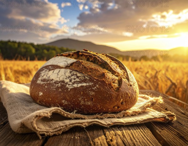 Rustic loaf of whole grain bread, fresh baked, close up of bread on dark wooden table, golden rust,