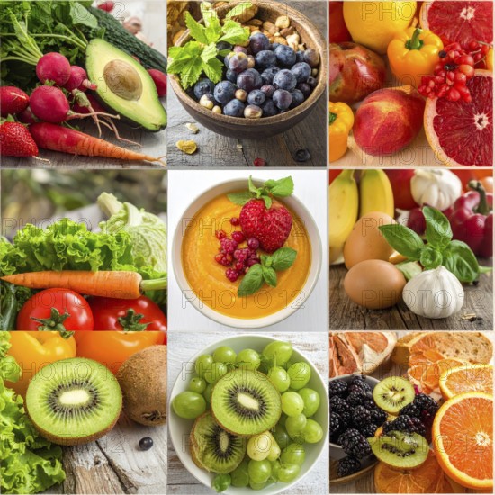 Food collage of various biological and organic fruits and vegetables, fresh healthy lifestyle, with