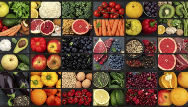Food collage of various biological and organic fruits and vegetables, fresh healthy lifestyle, with