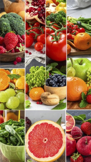 Food collage of various biological and organic fruits and vegetables, fresh healthy lifestyle, with