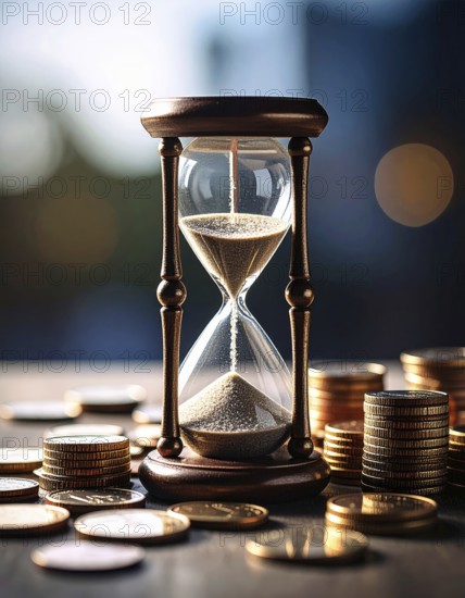 Hourglass and stacked golden coins, illustrating currency fluctuation and time impact commodities