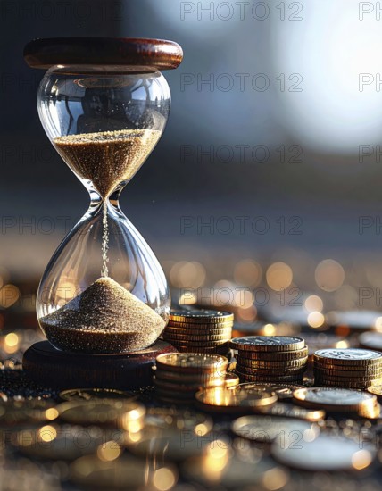 Hourglass and stacked golden coins, illustrating currency fluctuation and time impact commodities