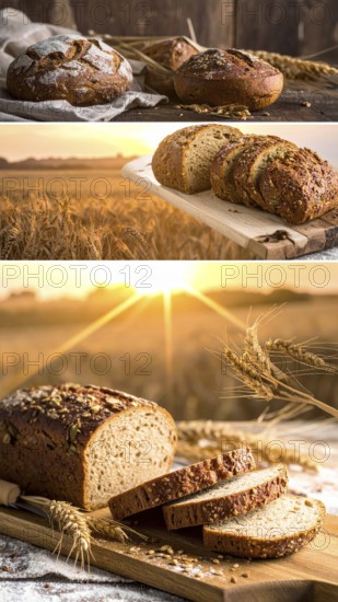 Collage of rustic loaf of whole grain bread, bread on dark rustic wooden table, great variety of