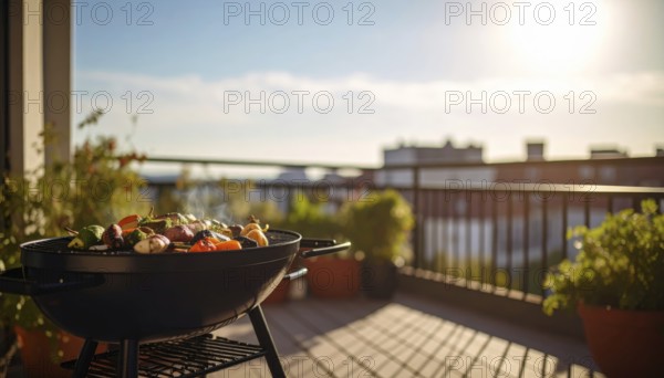 Cooking vegetables on grill on the balcony, healthy lifestyle, vegetarian barbeque, leisure time in